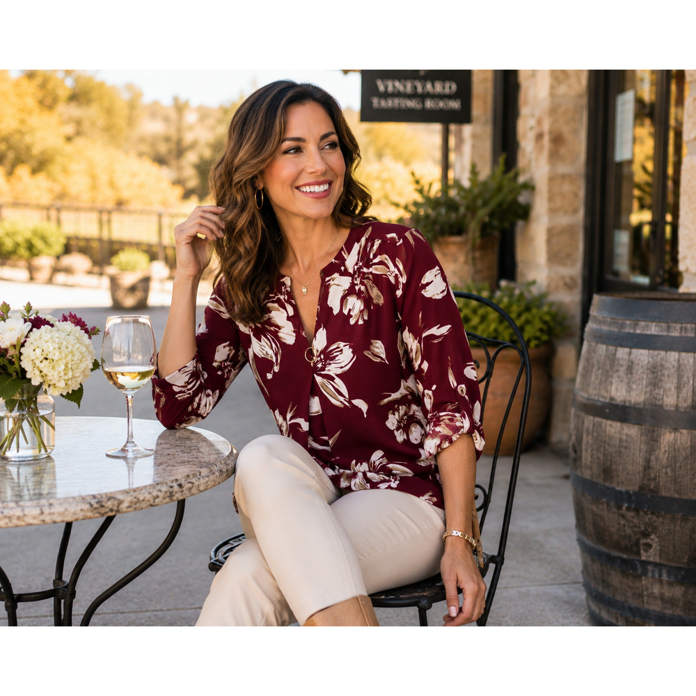 VALOLIA Women's M Burgundy Floral Blouse Top 3/4 Sleeve Split Neck Stretch Tunic